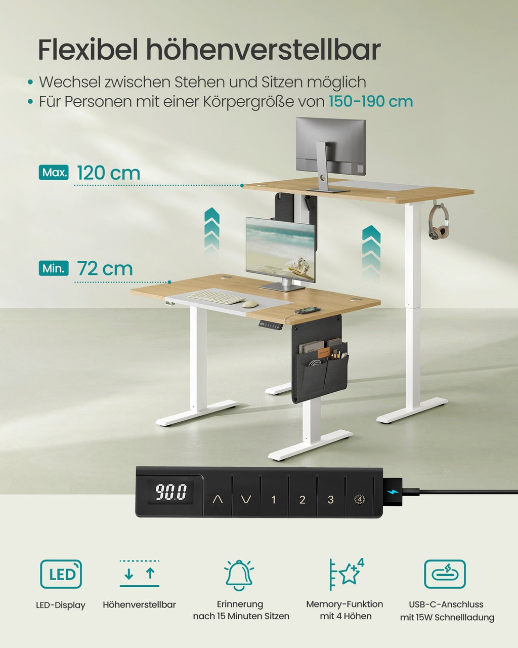 Höhenverstellbarer Schreibtisch elektrisch pastellgelb-basisweiß