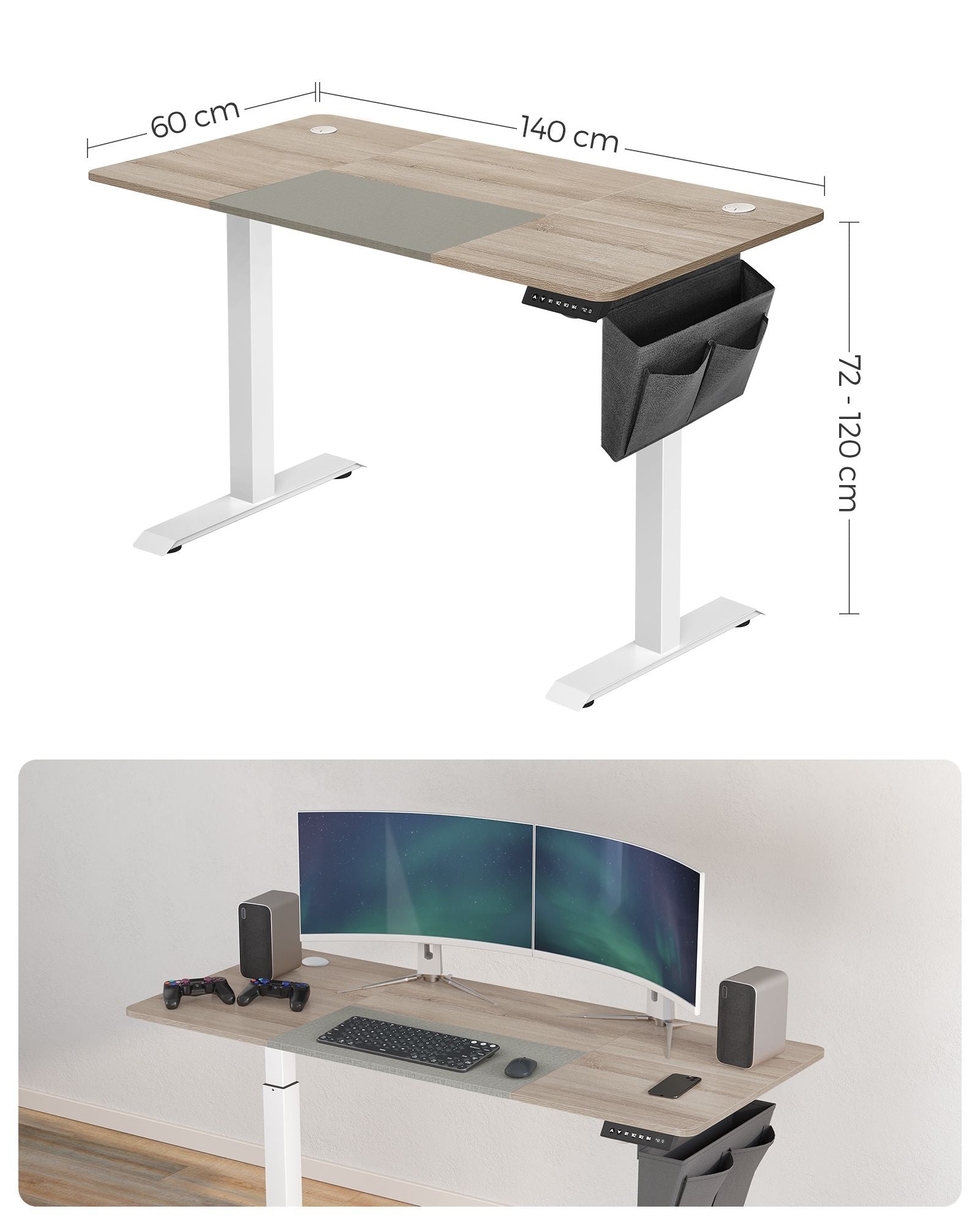 Höhenverstellbarer Schreibtisch mit 60 x 140 cm Platte