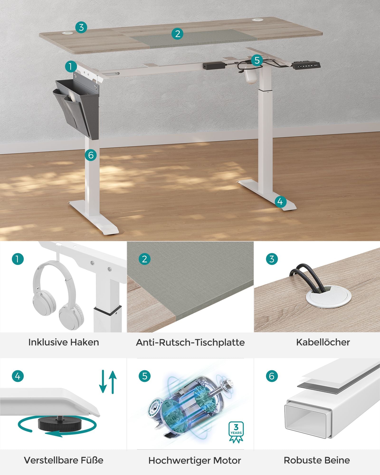 Höhenverstellbarer Schreibtisch mit 60 x 140 cm Platte