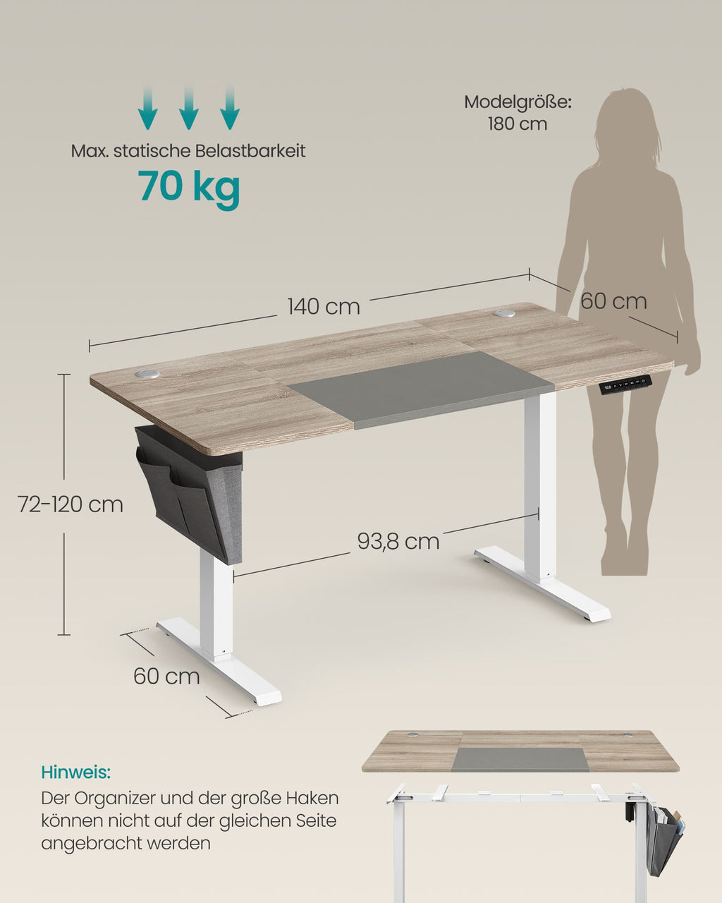 Höhenverstellbarer Schreibtisch mit 60 x 140 cm Platte