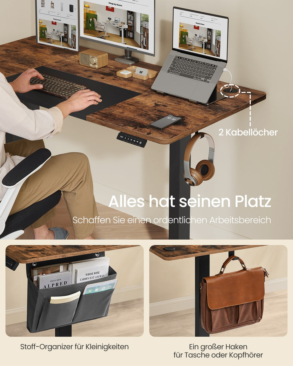 Höhenverstellbarer Schreibtisch vintagebraun-schwarz