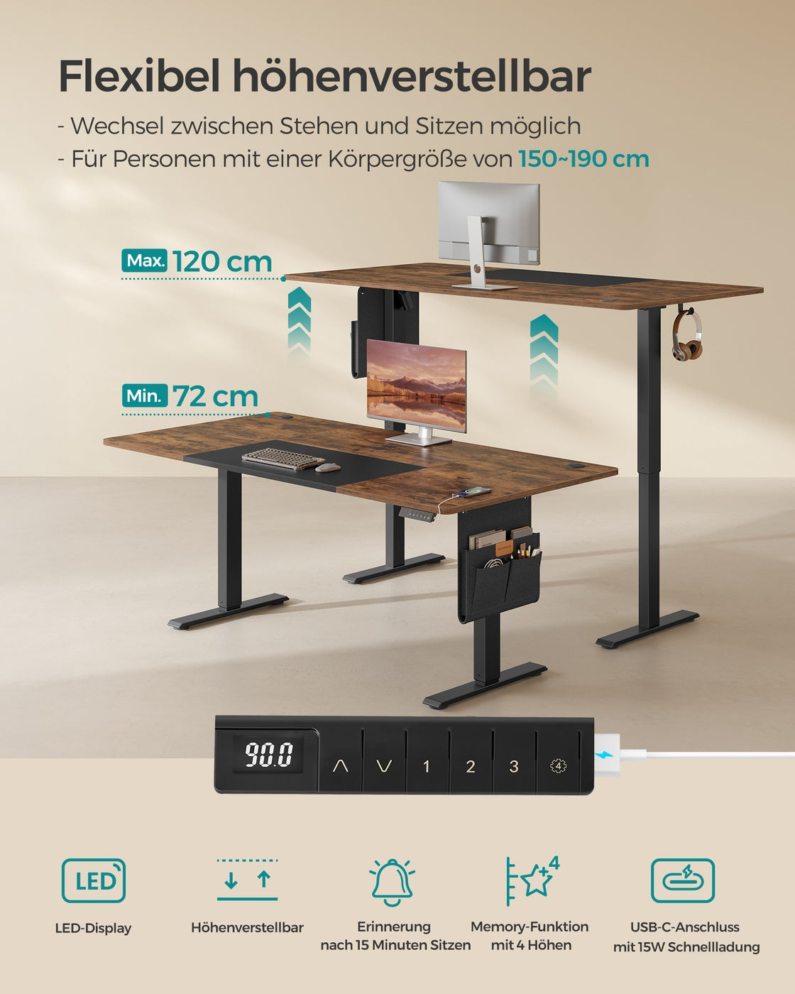 Höhenverstellbarer Schreibtisch elektrisch pastellgelb-basisweiß