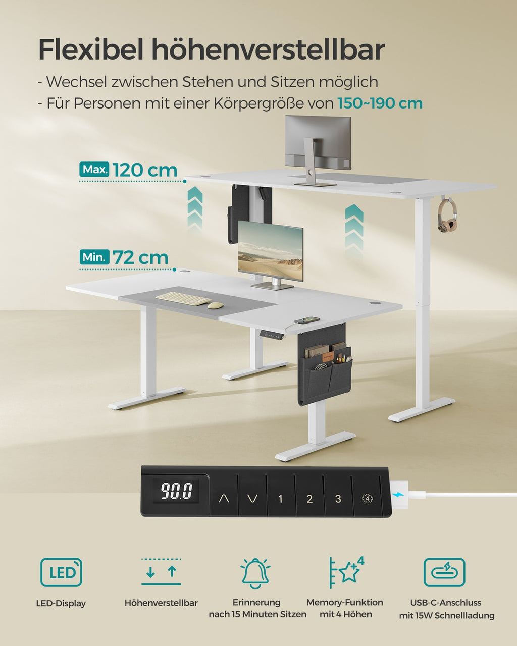 Höhenverstellbarer Schreibtisch elektrisch basisweiß-taubengrau