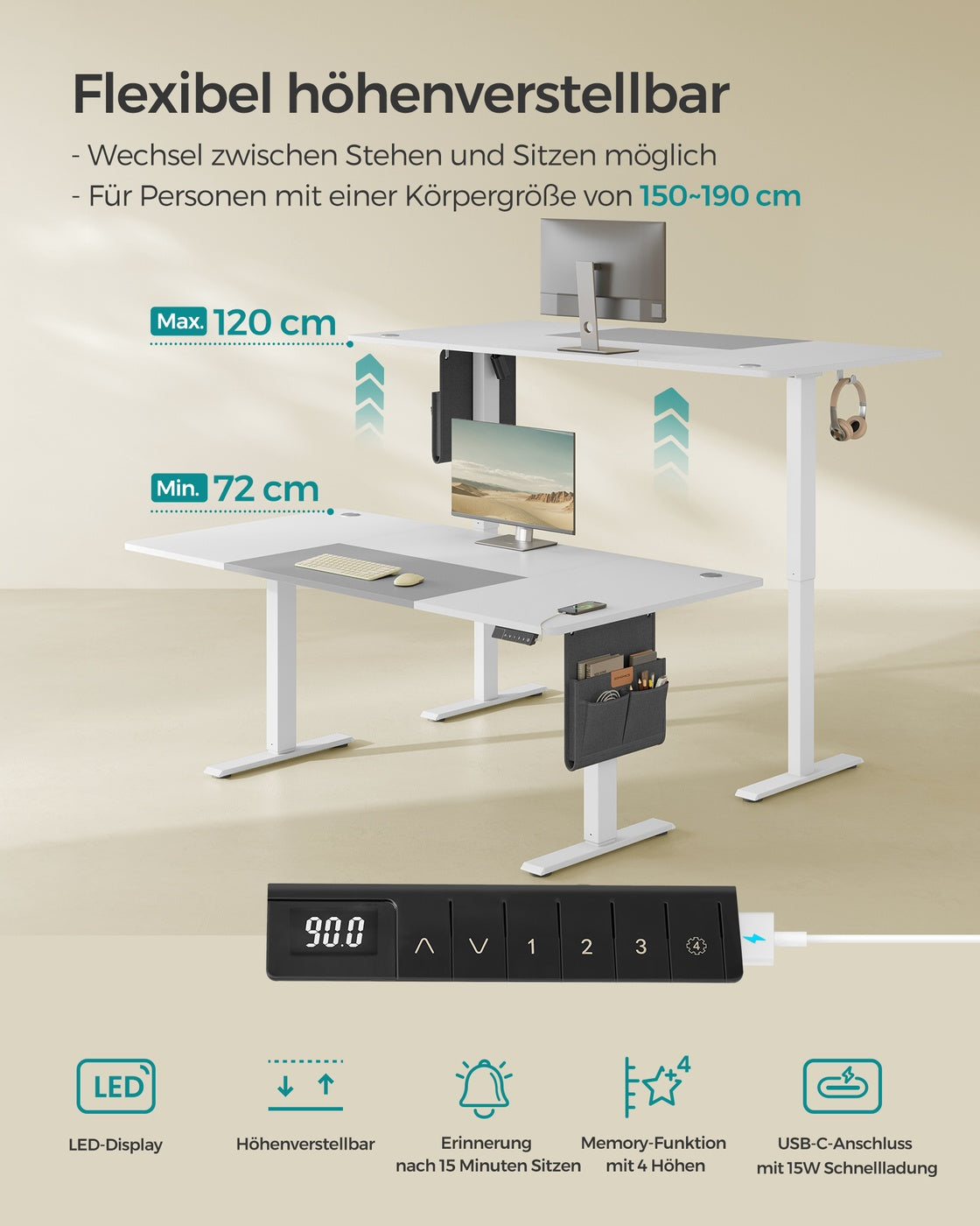 Höhenverstellbarer Schreibtisch elektrisch basisweiß-taubengrau