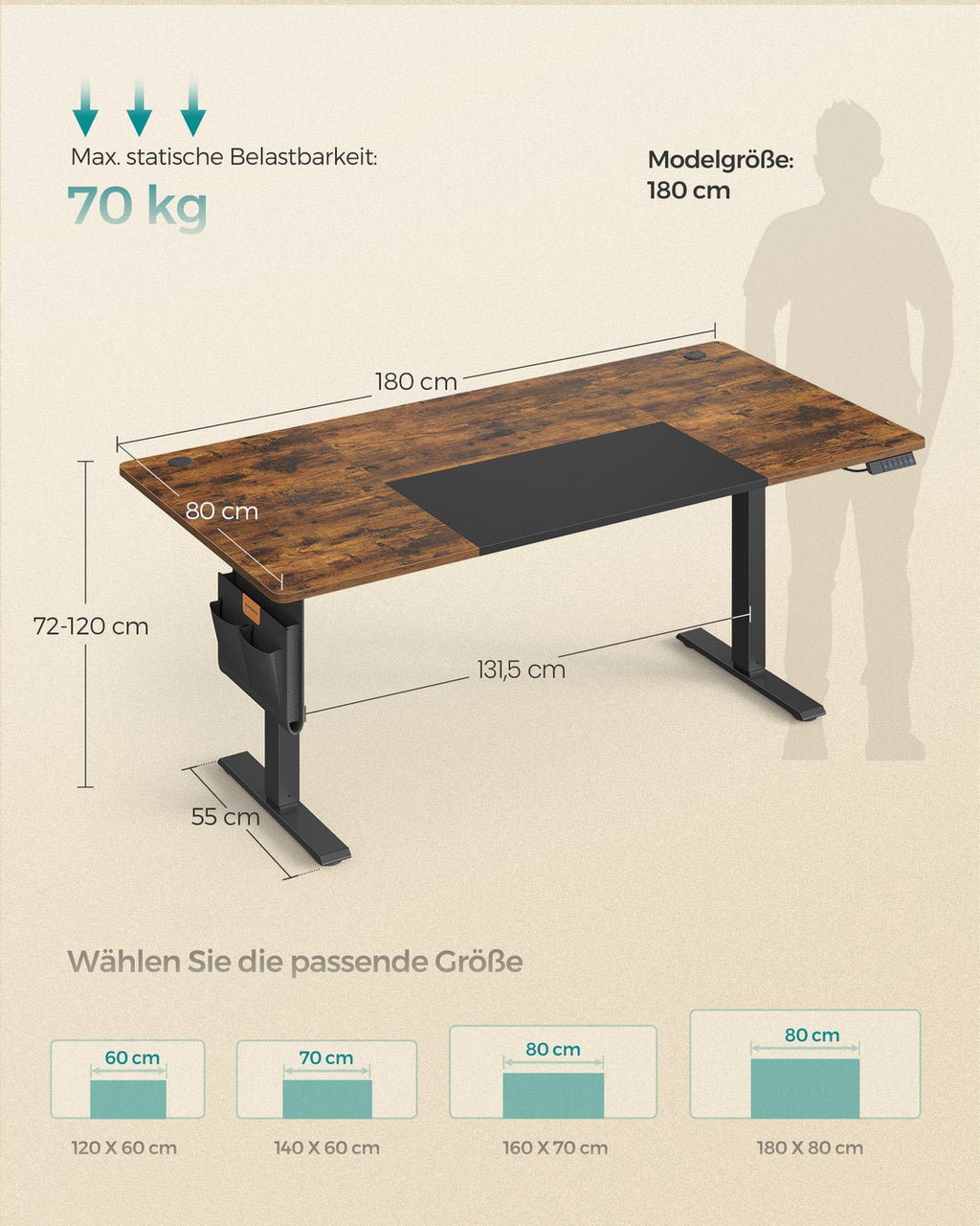 Höhenverstellbarer Schreibtisch elektrisch 180 x 80 cm