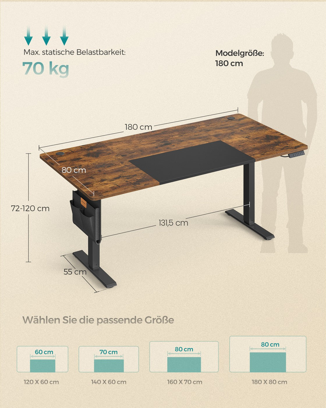 Höhenverstellbarer Schreibtisch elektrisch 180 x 80 cm