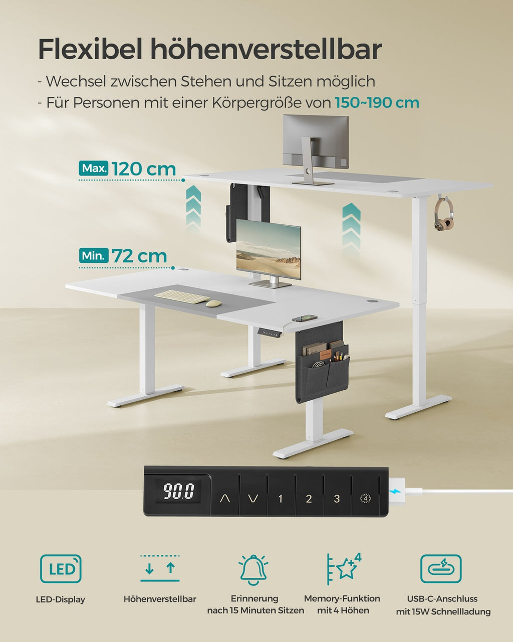 Höhenverstellbarer Schreibtisch elektrisch 180 x 80 cm