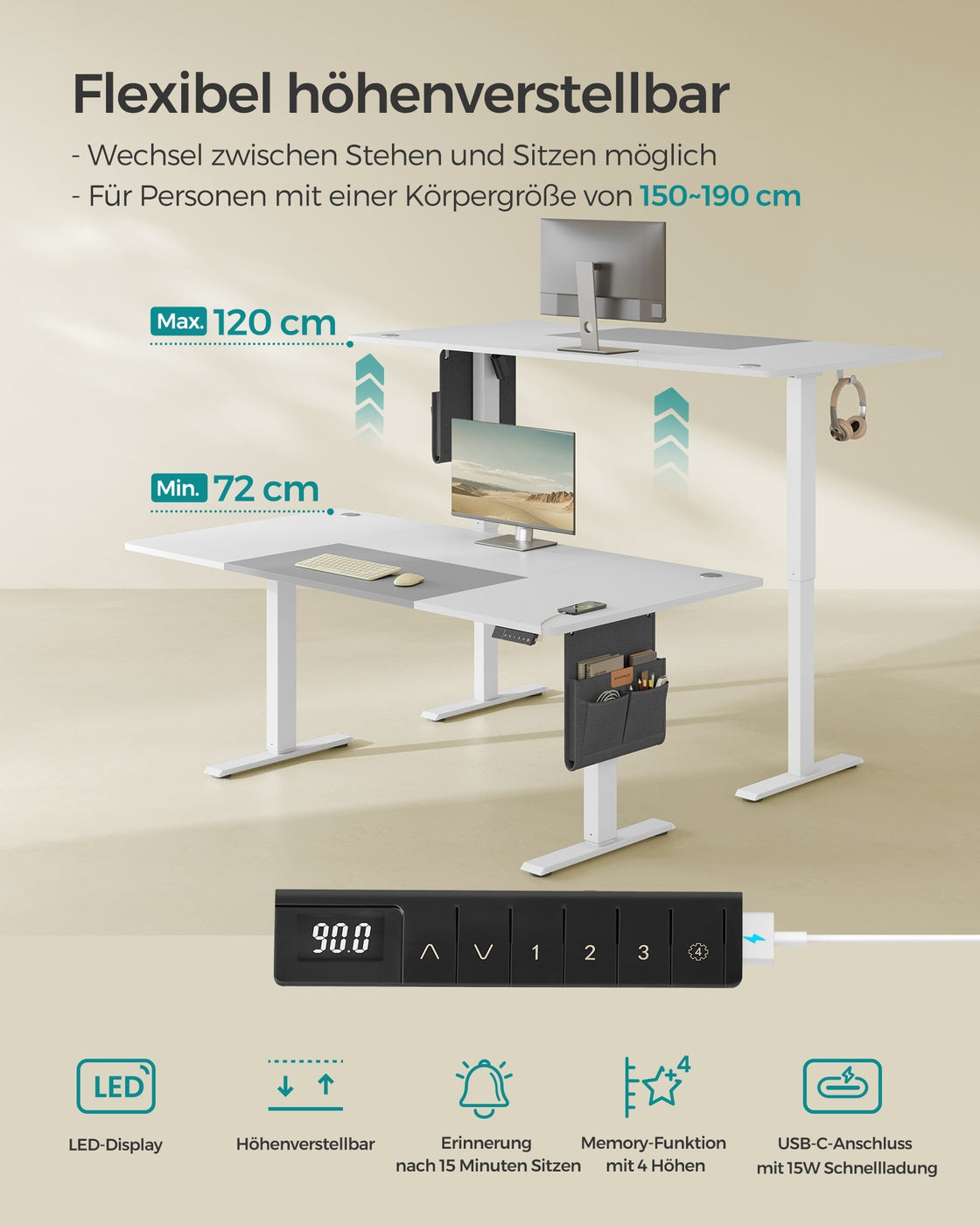 Höhenverstellbarer Schreibtisch elektrisch 180 x 80 cm