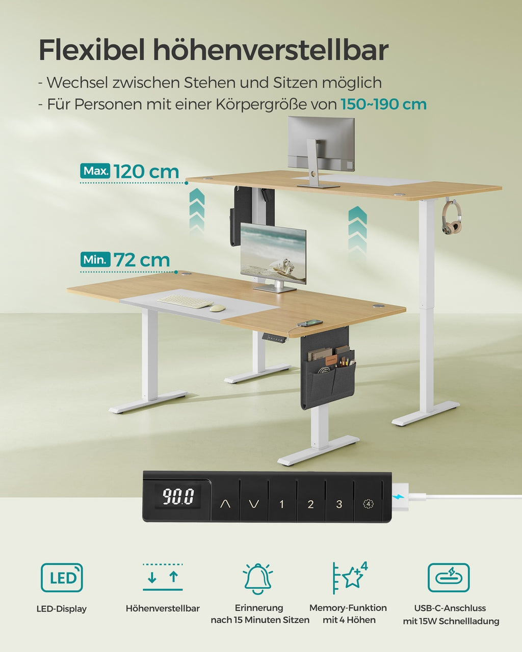 Höhenverstellbarer Schreibtisch elektrisch 180 x 80 cm