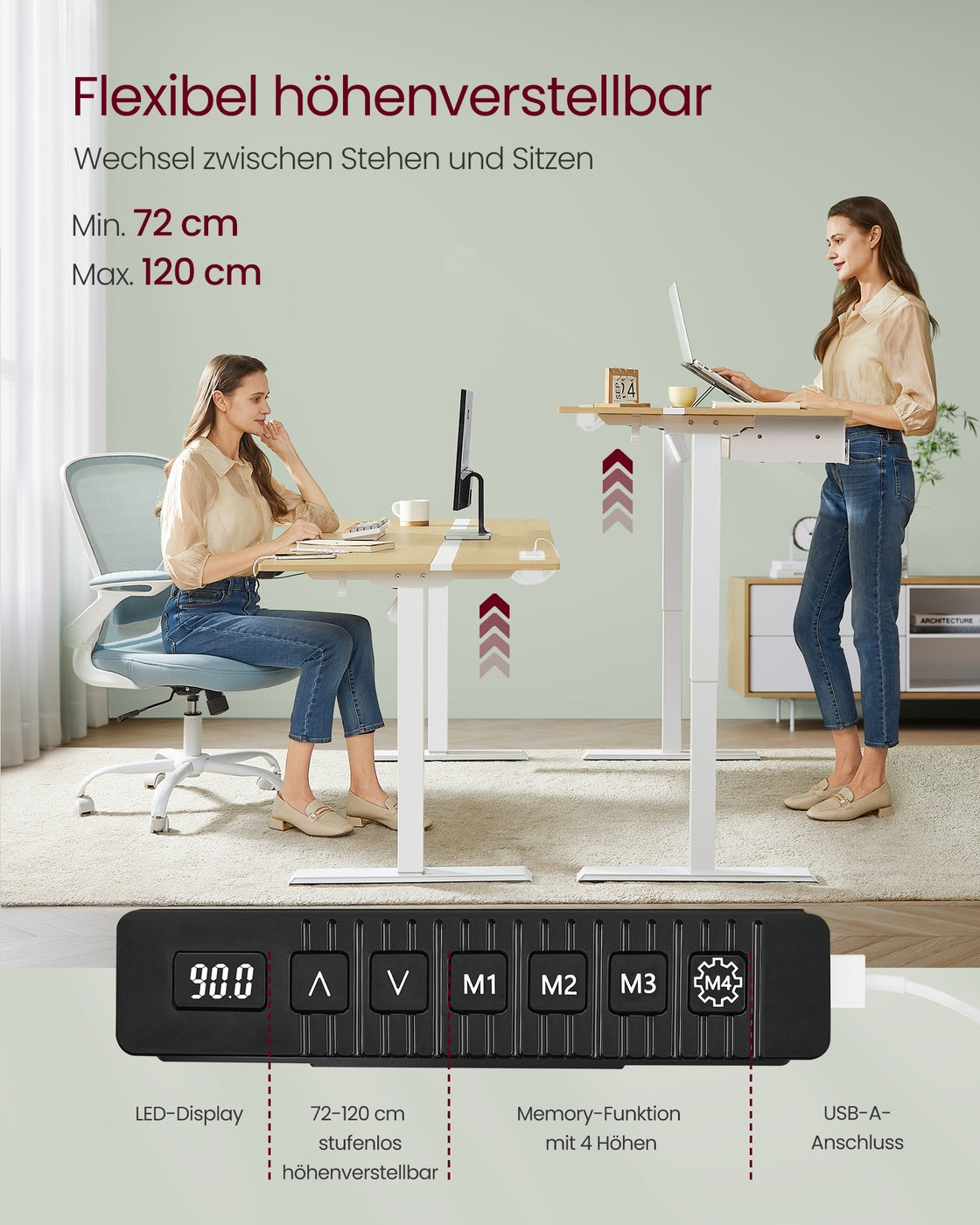 Schreibtisch höhenverstellbar und elektrisch mit Steckdose