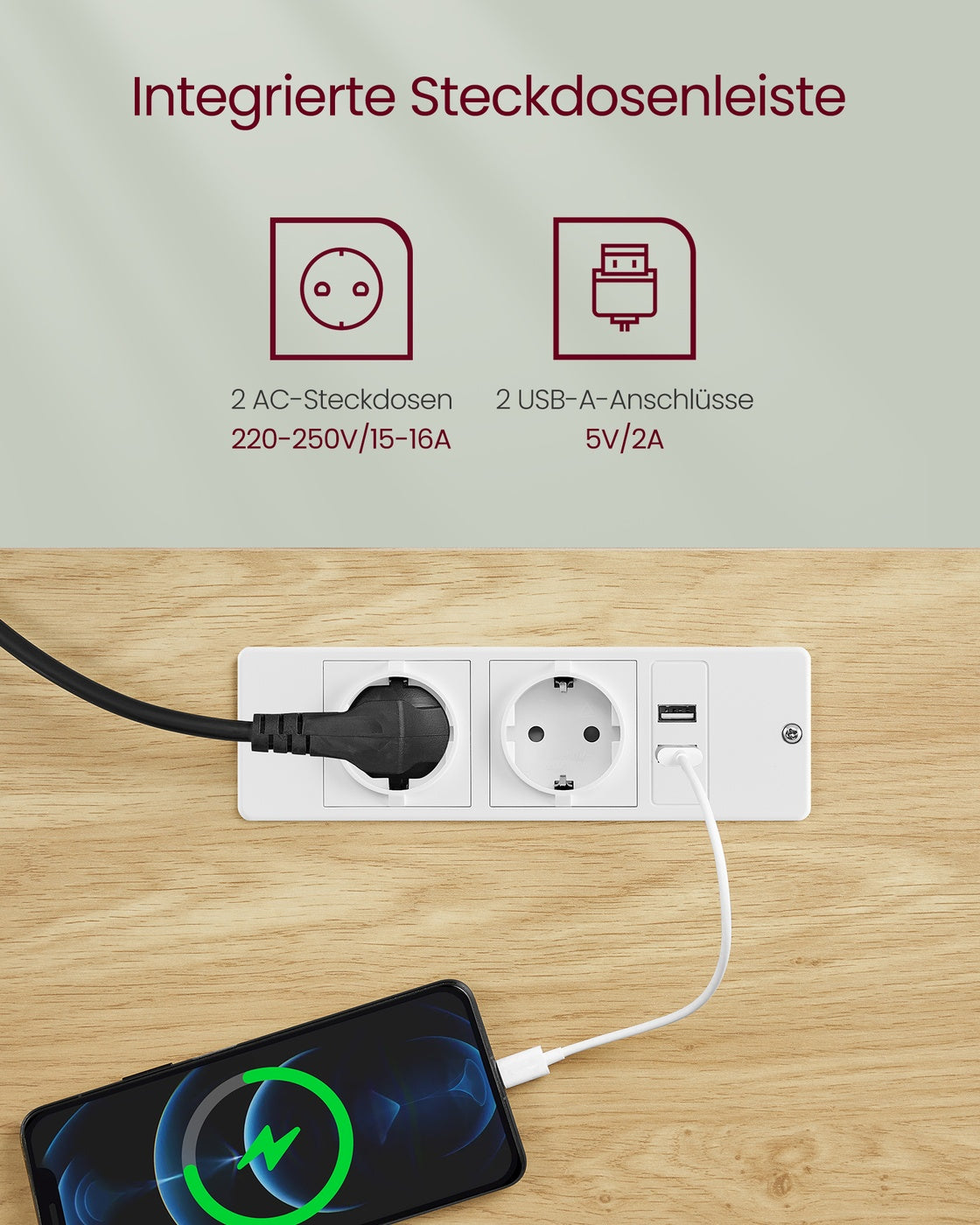 Schreibtisch höhenverstellbar und elektrisch mit Steckdose