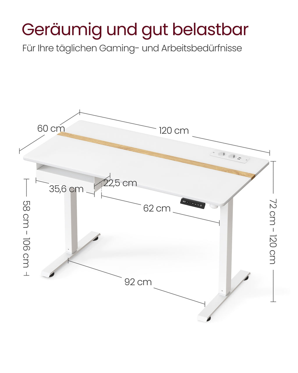 Höhenverstellbarer Schreibtisch 60 x 120 cm vintagebraun-schwarz
