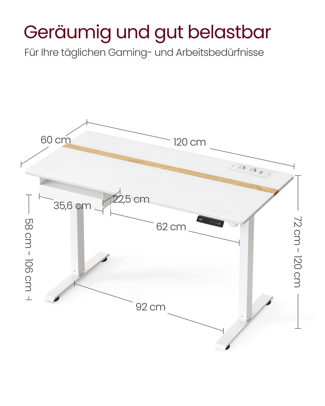 Höhenverstellbarer Schreibtisch 60 x 120 cm vintagebraun-schwarz