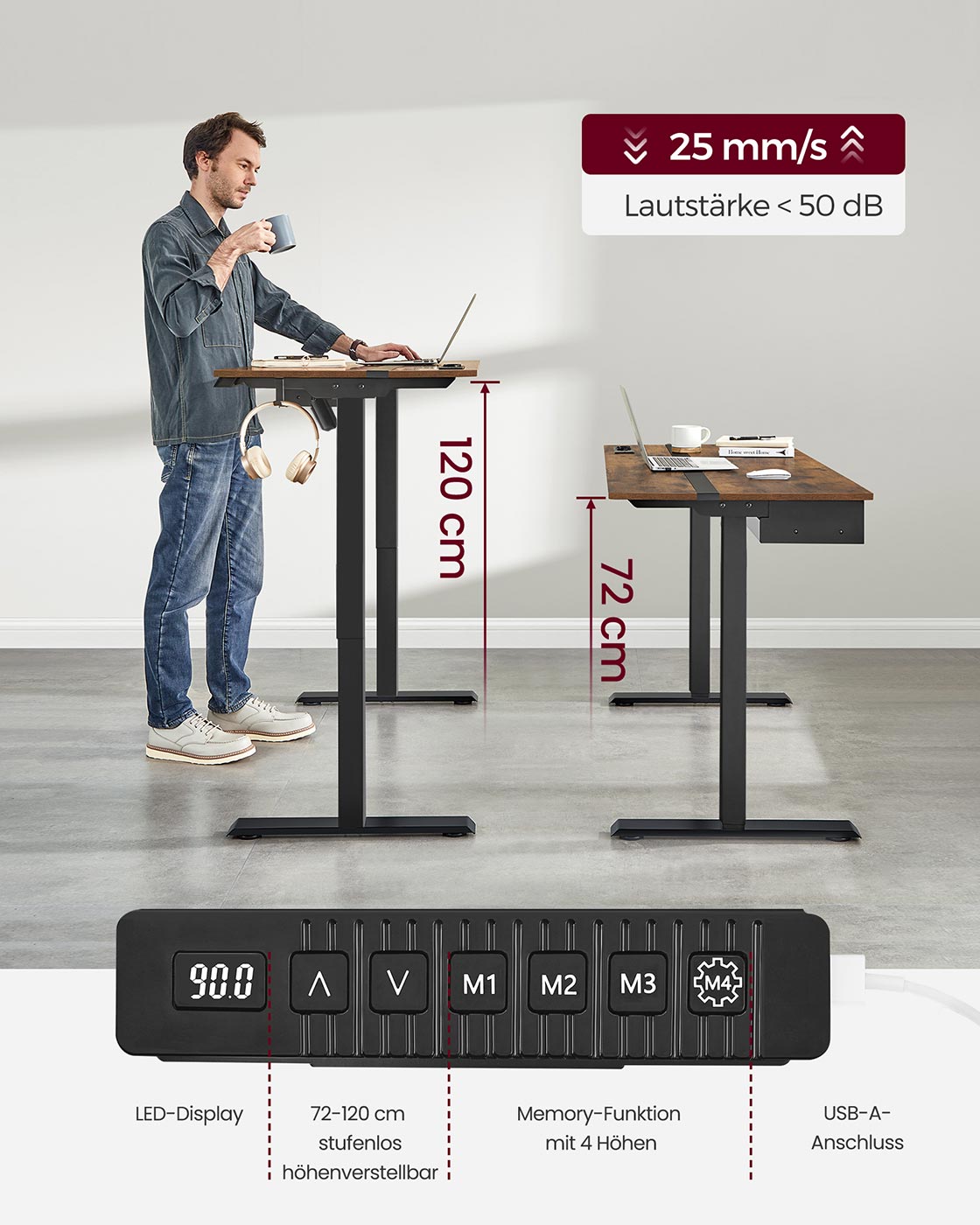 Höhenverstellbarer Schreibtisch elektrisch mit Steckdose