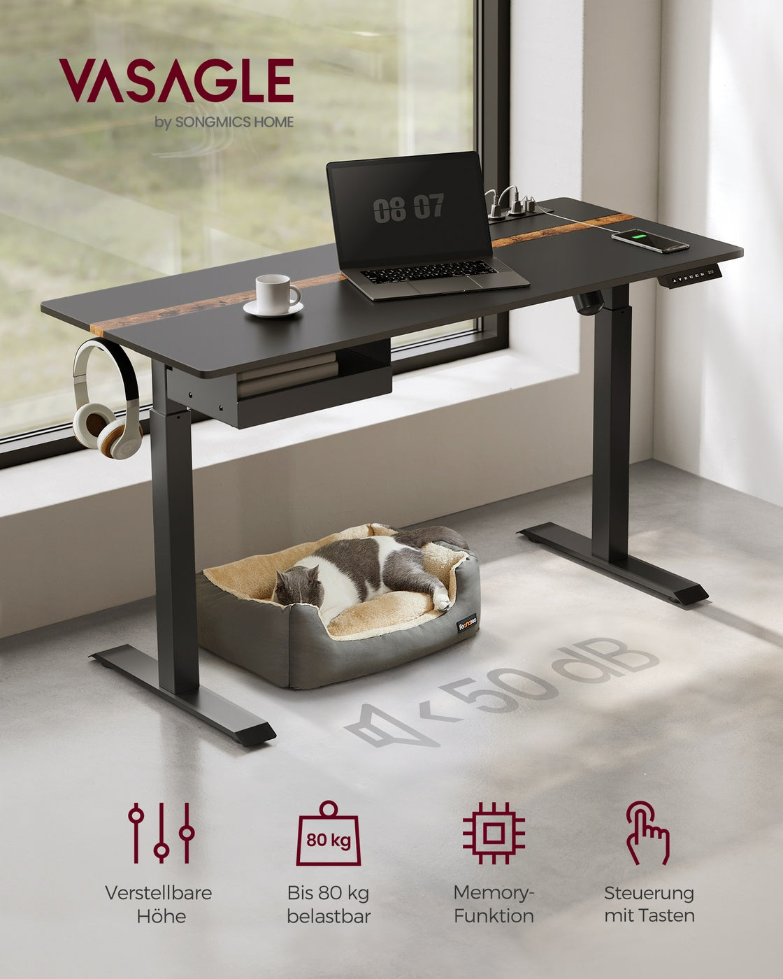 Höhenverstellbarer Schreibtisch 60 x 140 cm schwarz