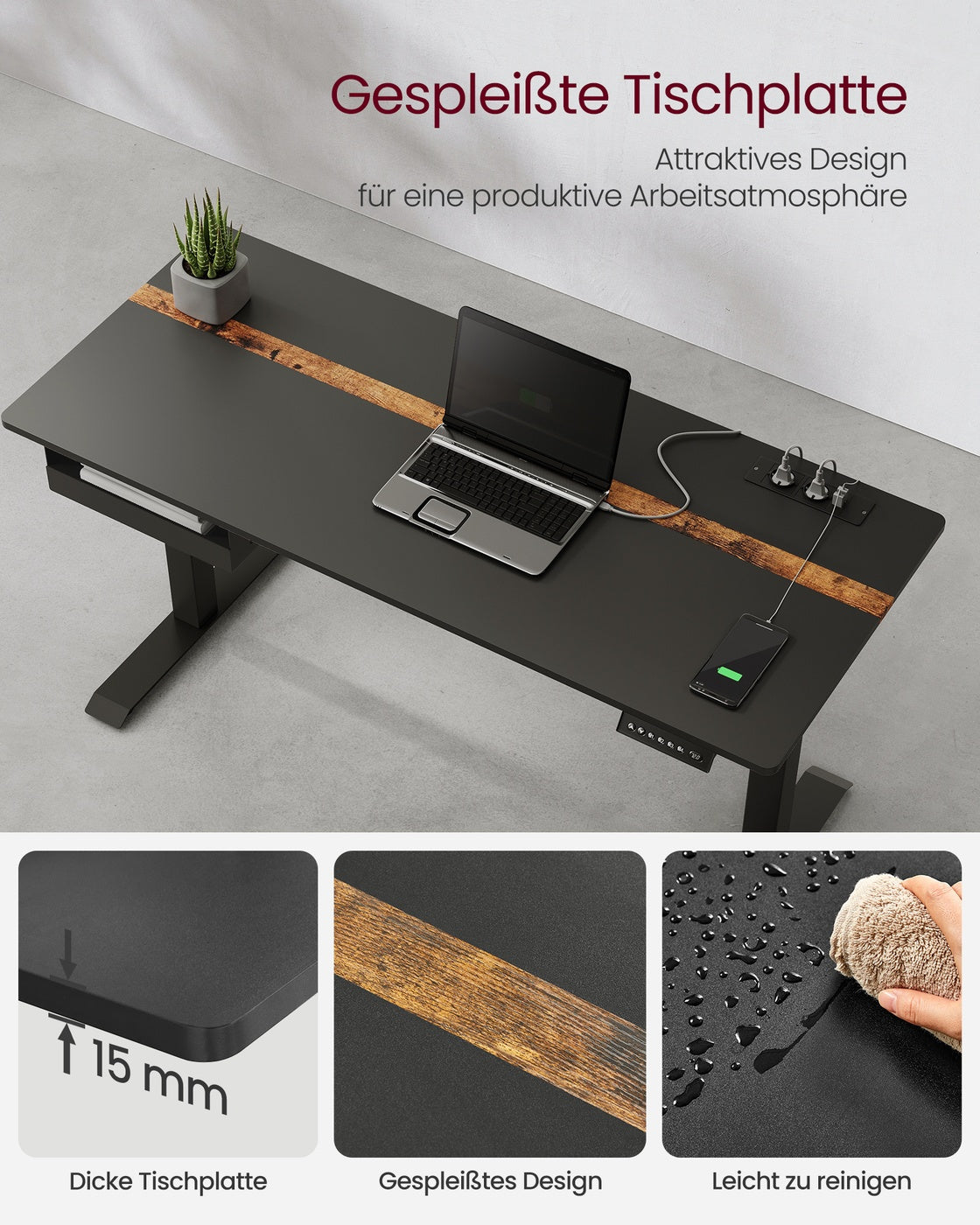 Höhenverstellbarer Schreibtisch 60 x 140 cm schwarz