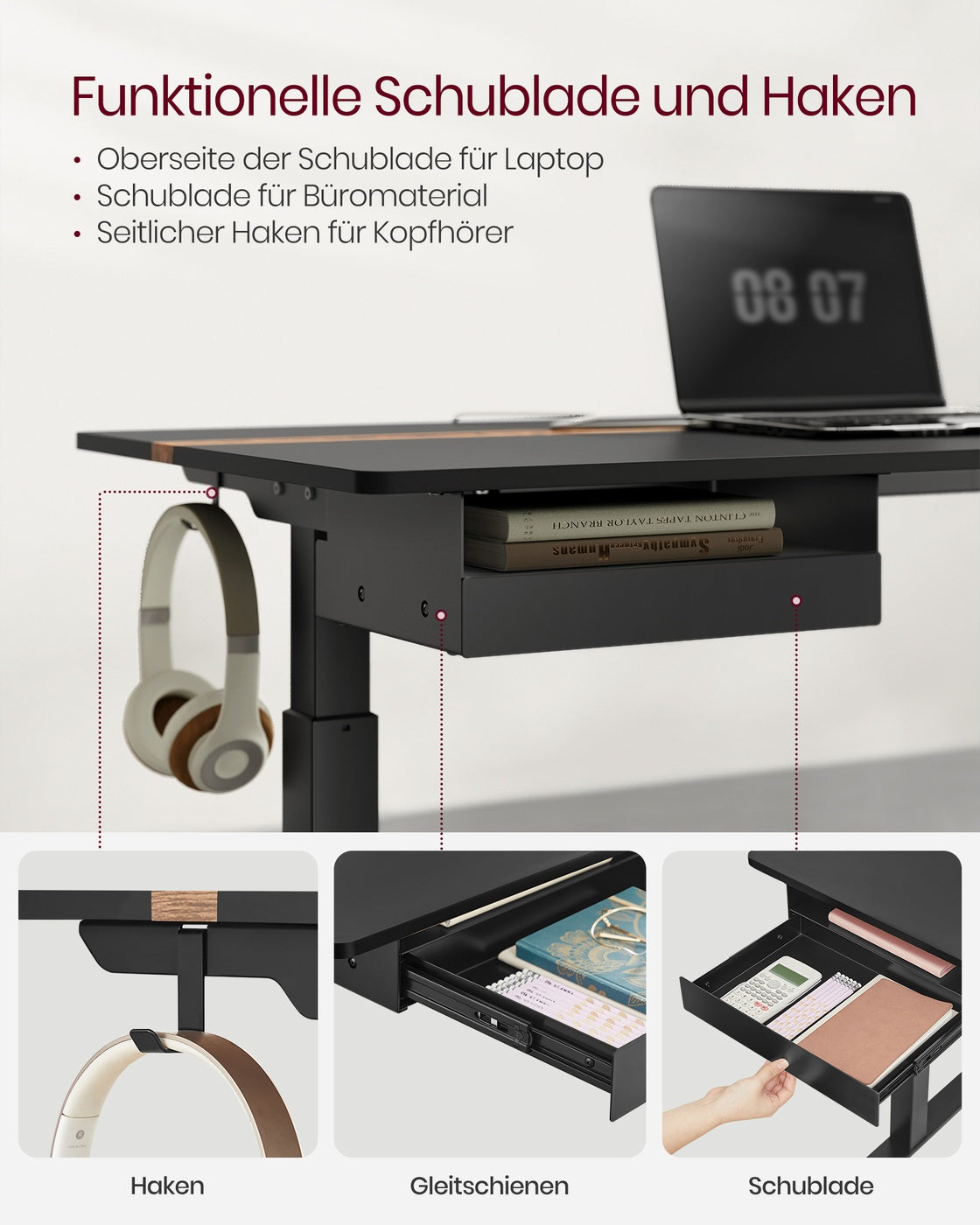 Höhenverstellbarer Schreibtisch 60 x 140 cm schwarz