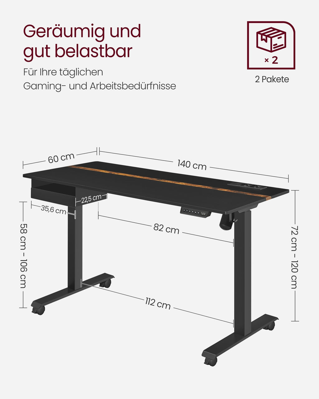 Höhenverstellbarer Schreibtisch 60 x 140 cm schwarz