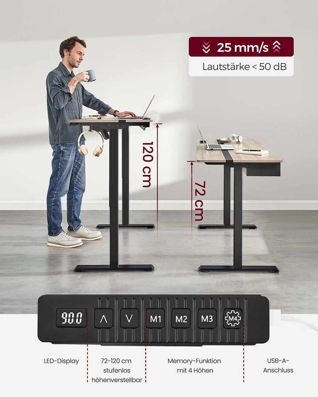 Höhenverstellbarer Schreibtisch 60 x 140 cm greige-schwarz
