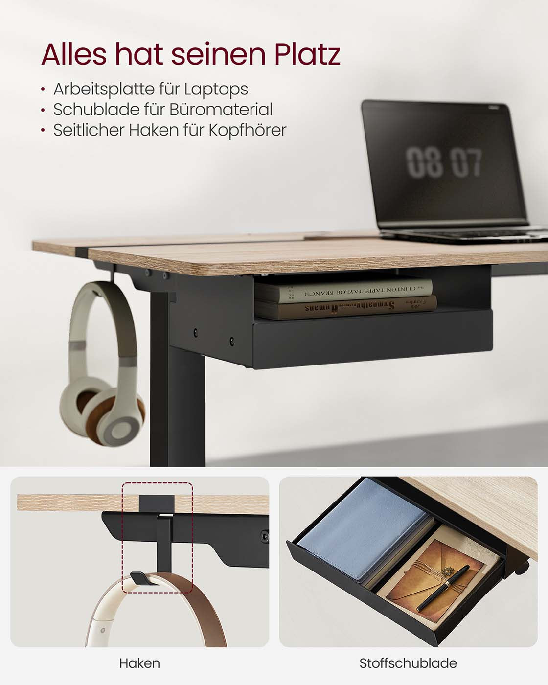 Höhenverstellbarer Schreibtisch 60 x 140 cm greige-schwarz