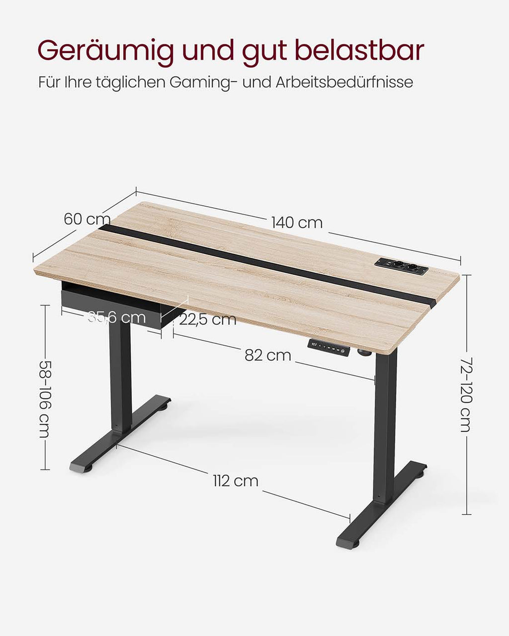 Höhenverstellbarer Schreibtisch 60 x 140 cm greige-schwarz