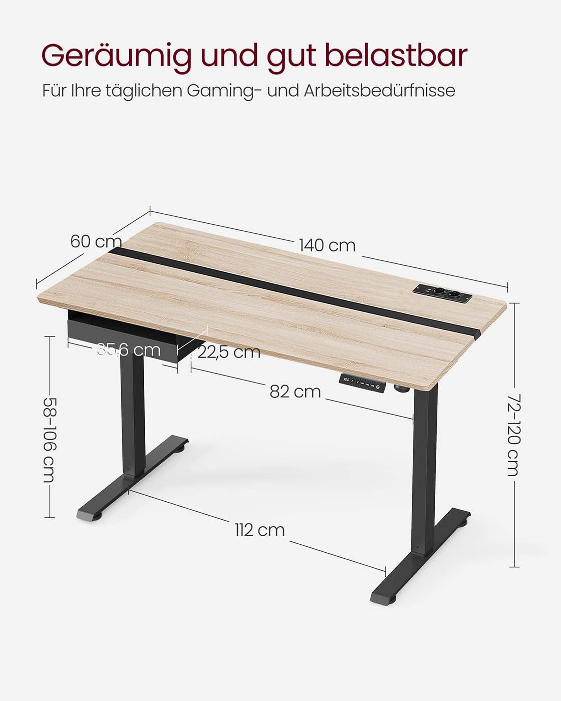 Höhenverstellbarer Schreibtisch 60 x 140 cm greige-schwarz