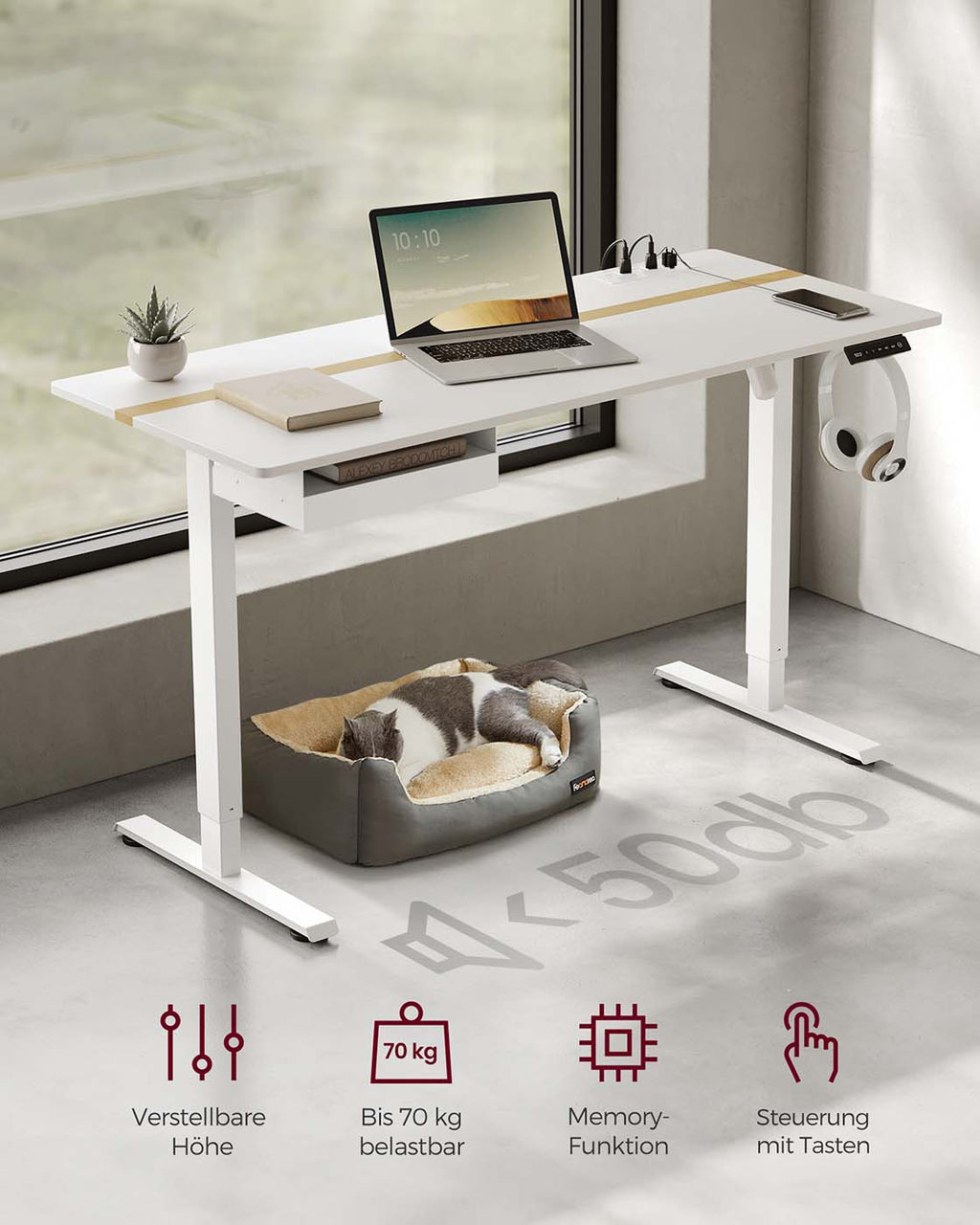 Höhenverstellbarer Schreibtisch 60 x 140 cm weiß