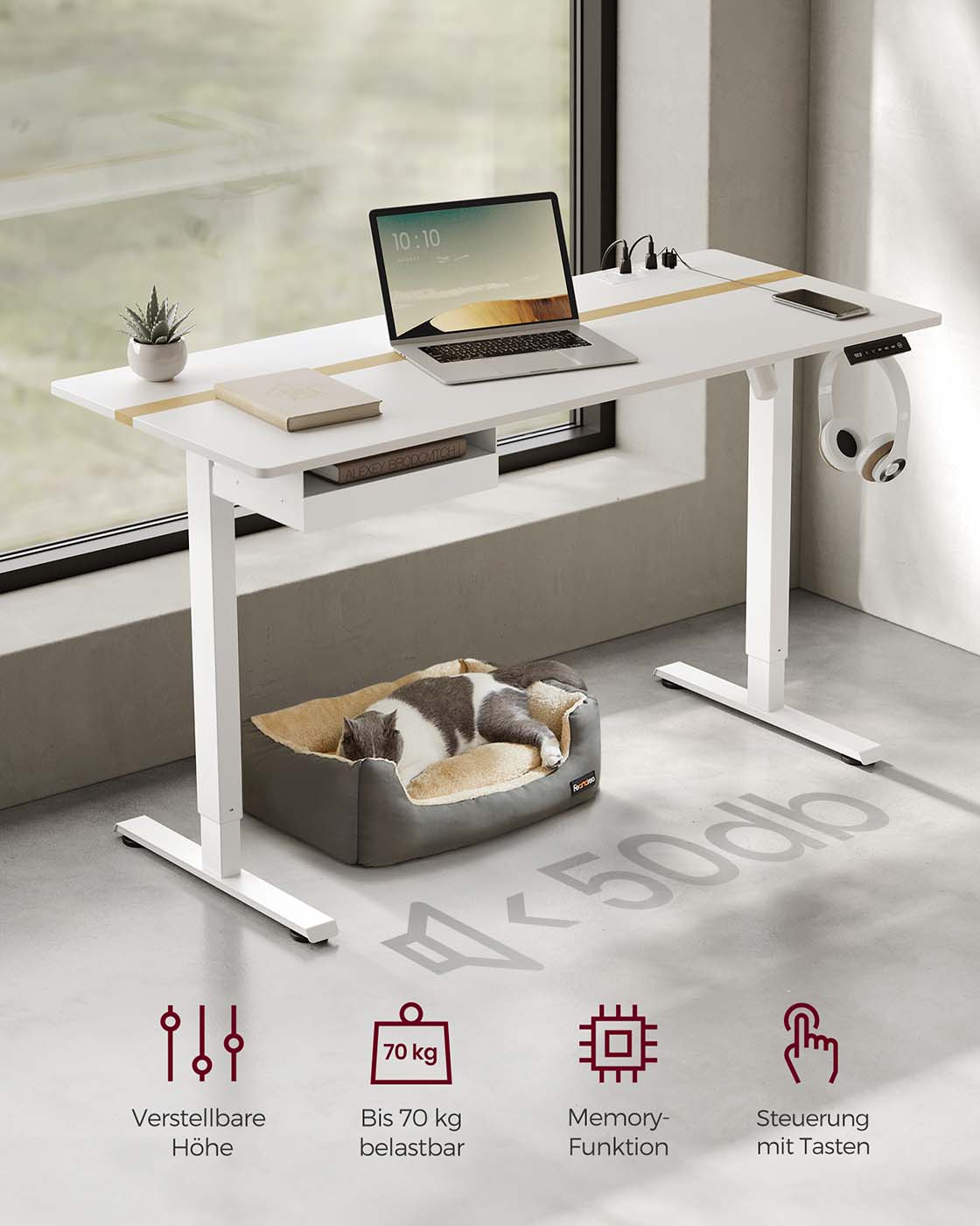 Höhenverstellbarer Schreibtisch 60 x 140 cm weiß