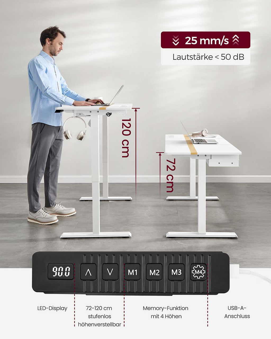 Höhenverstellbarer Schreibtisch 60 x 140 cm weiß