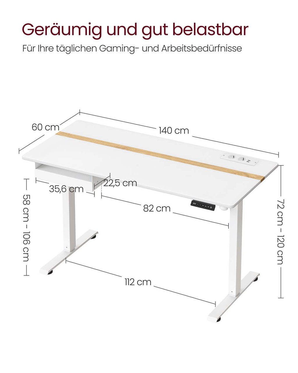 Höhenverstellbarer Schreibtisch 60 x 140 cm weiß