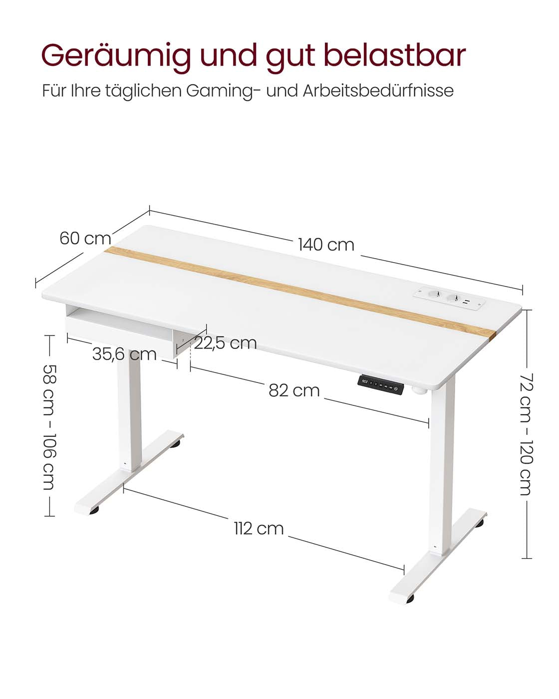 Höhenverstellbarer Schreibtisch 60 x 140 cm weiß
