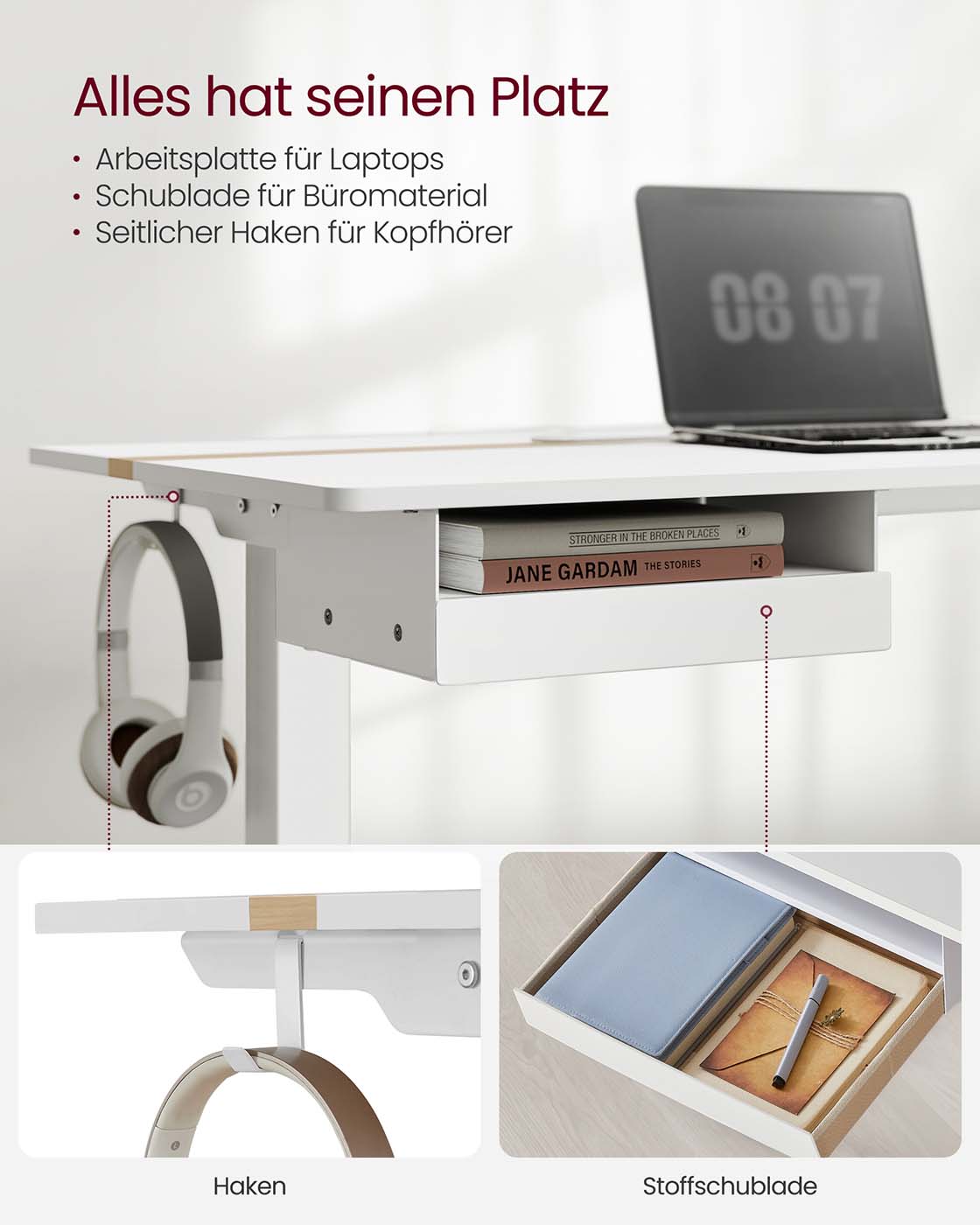 Höhenverstellbarer Schreibtisch 60 x 140 cm weiß