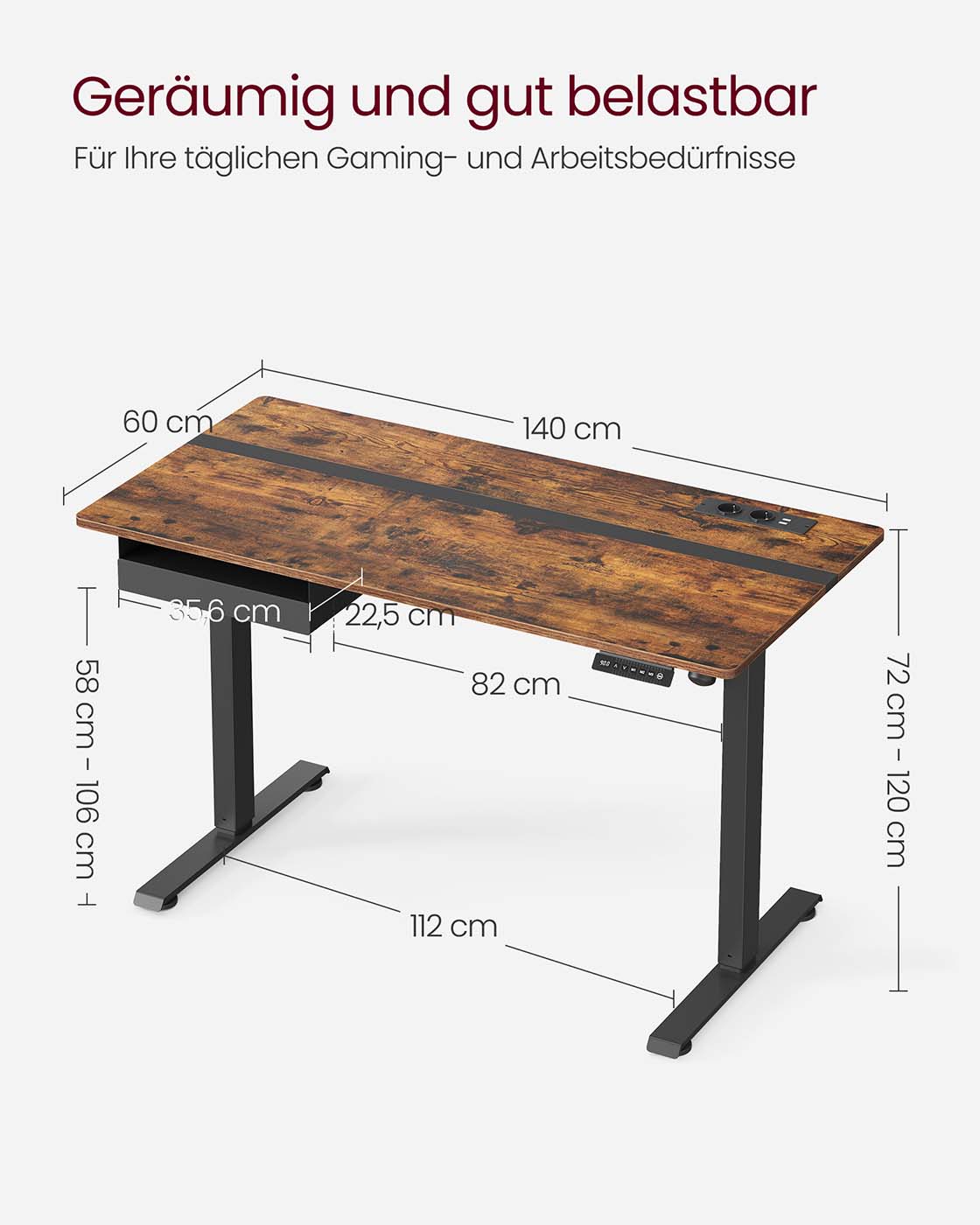 Höhenverstellbarer Schreibtisch 60 x 140 cm vintagebraun-schwarz