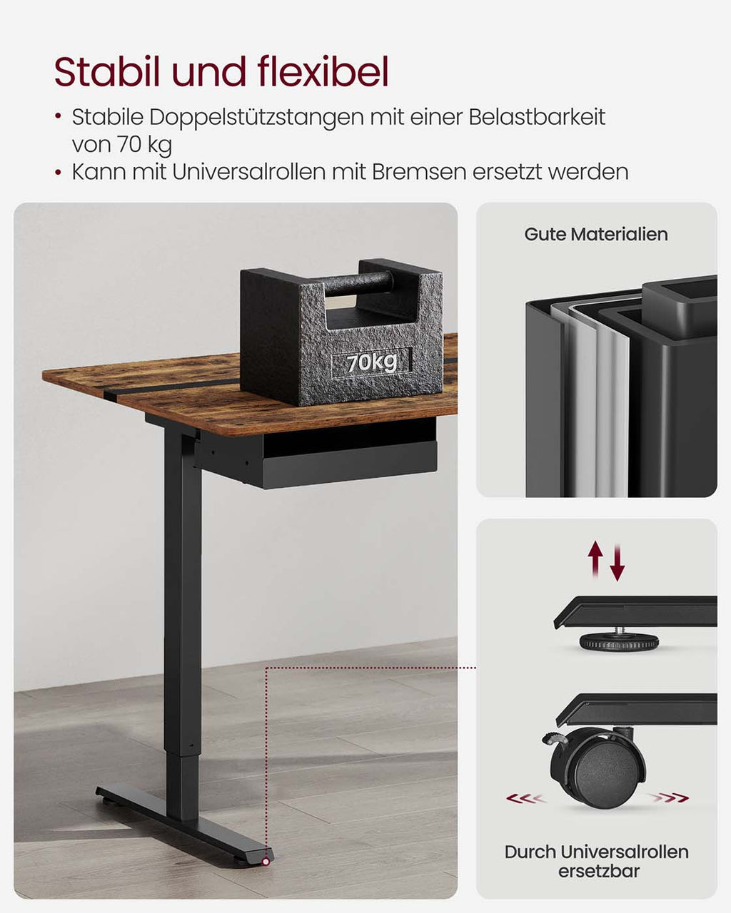 Höhenverstellbarer Schreibtisch 60 x 140 cm vintagebraun-schwarz