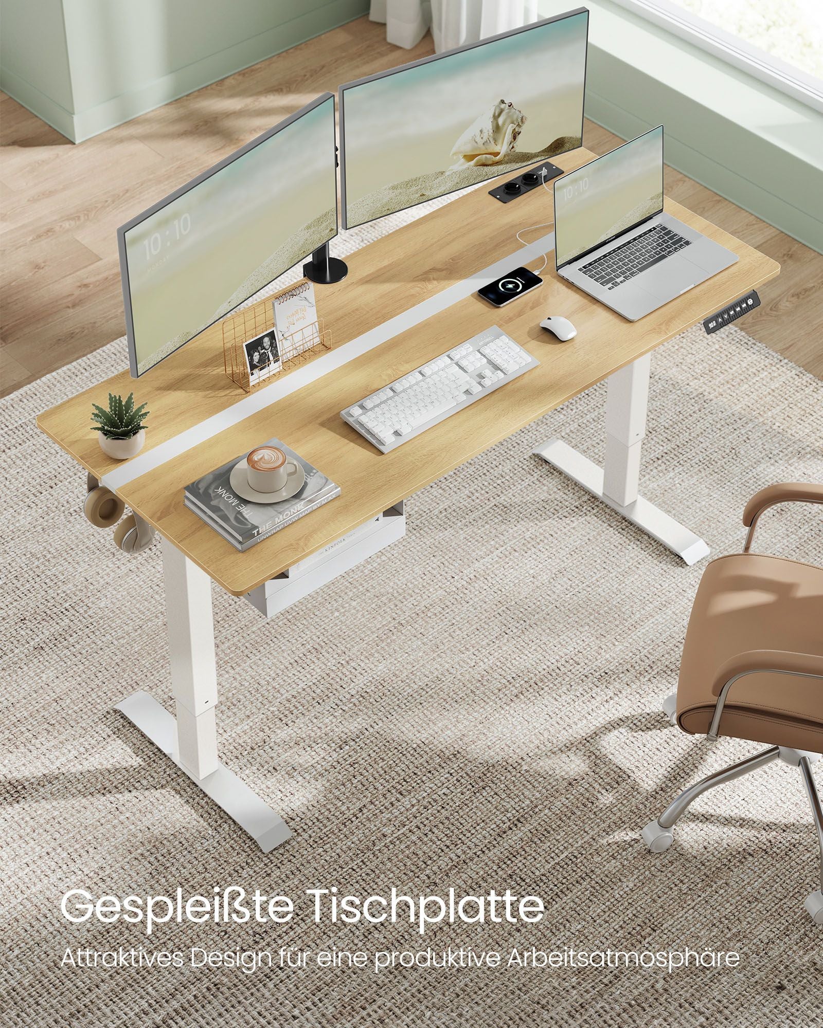 Schreibtisch mit Steckdose und Schublade 70 x 160 cm goldeichenfarben-wolkenweiß