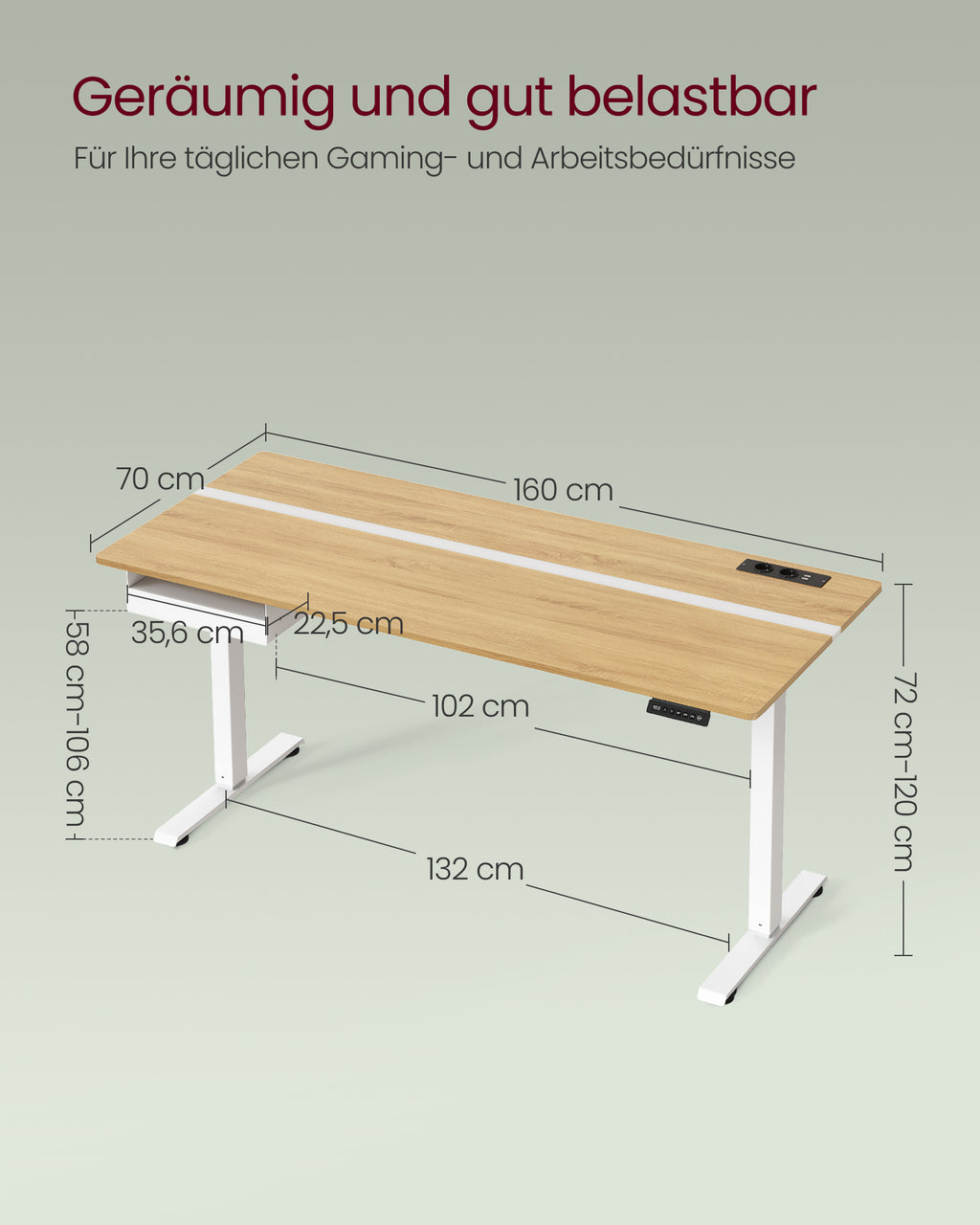 Schreibtisch mit Steckdose und Schublade 70 x 160 cm goldeichenfarben-wolkenweiß