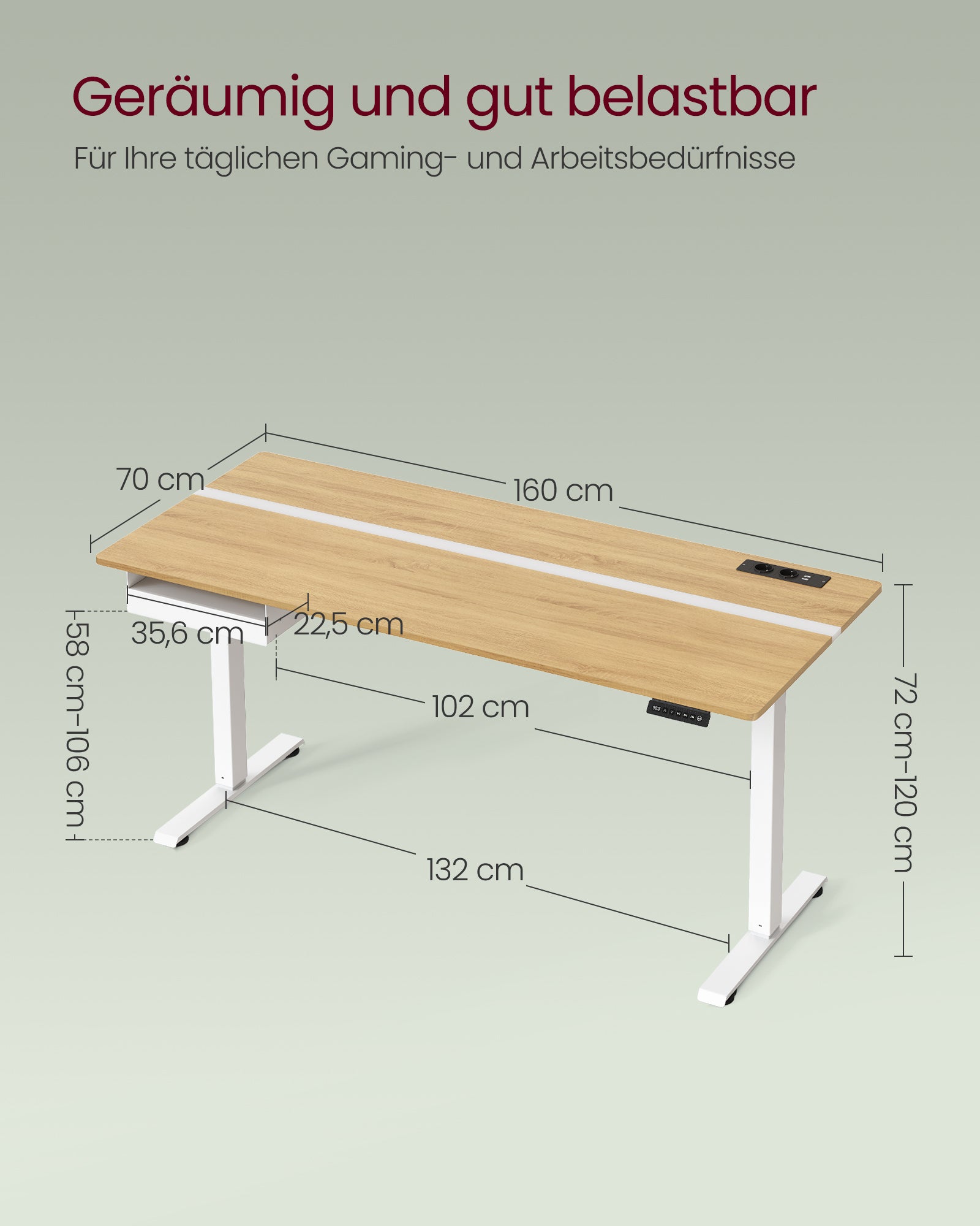 Schreibtisch mit Steckdose und Schublade 70 x 160 cm goldeichenfarben-wolkenweiß
