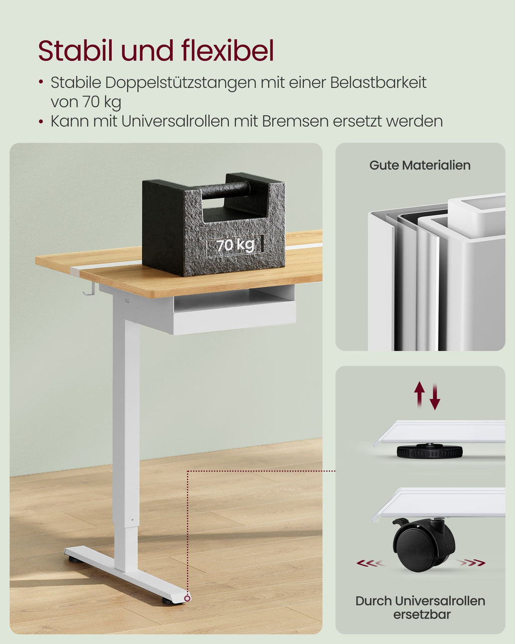 Schreibtisch mit Steckdose und Schublade 70 x 160 cm goldeichenfarben-wolkenweiß