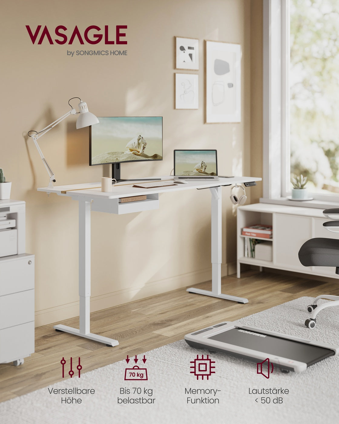 Schreibtisch mit Steckdosen und Schublade 70 x 160 cm wolkenweiß-goldeichenfarben