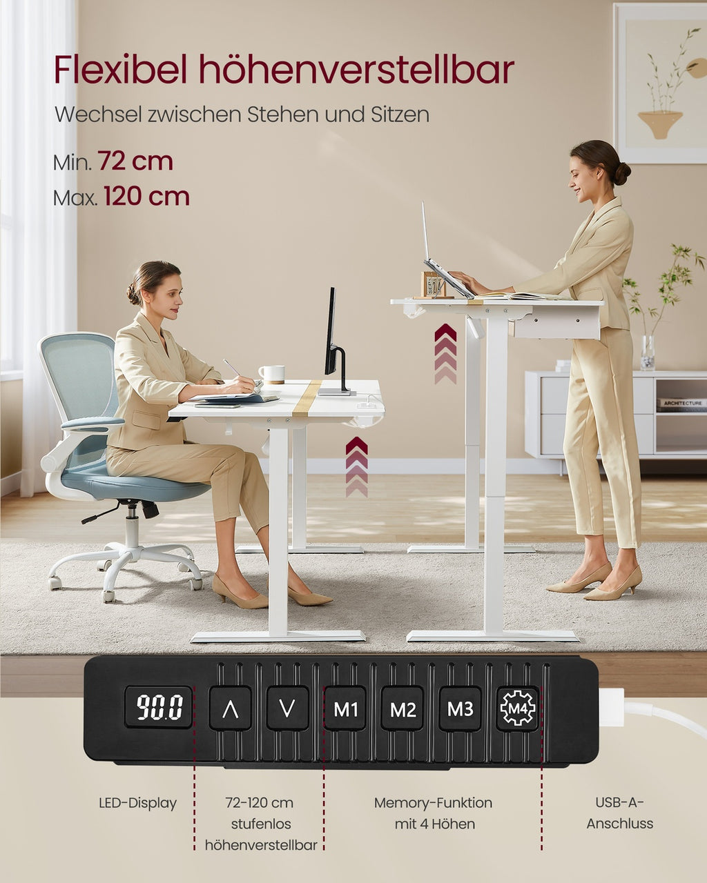 Schreibtisch mit Steckdosen und Schublade 70 x 160 cm wolkenweiß-goldeichenfarben
