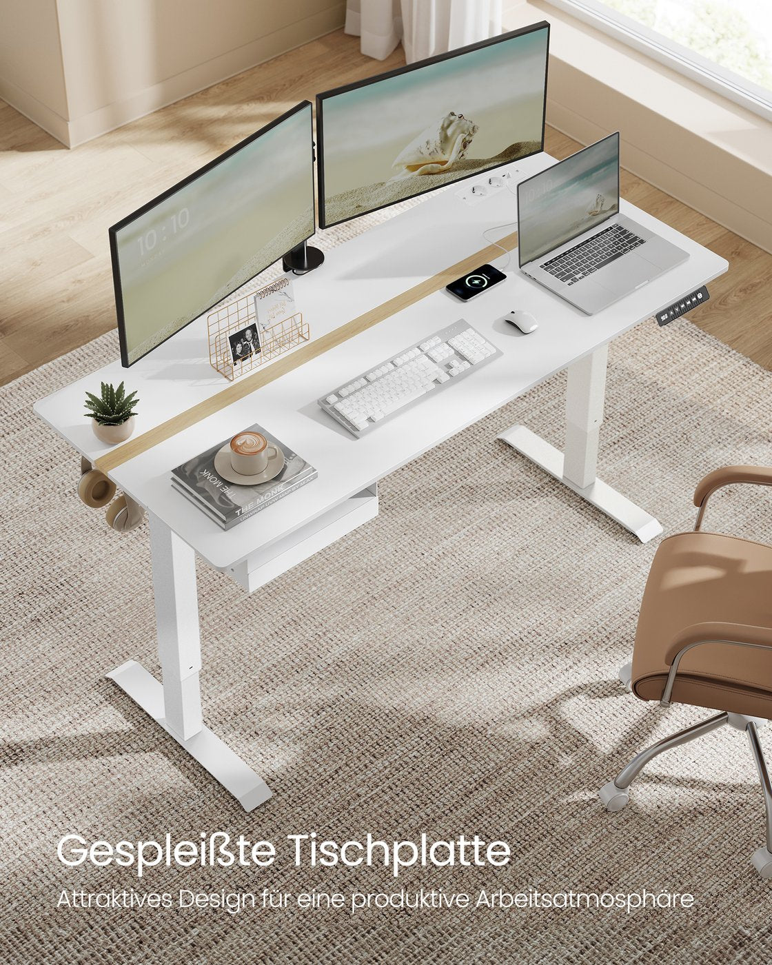 Schreibtisch mit Steckdosen und Schublade 70 x 160 cm wolkenweiß-goldeichenfarben