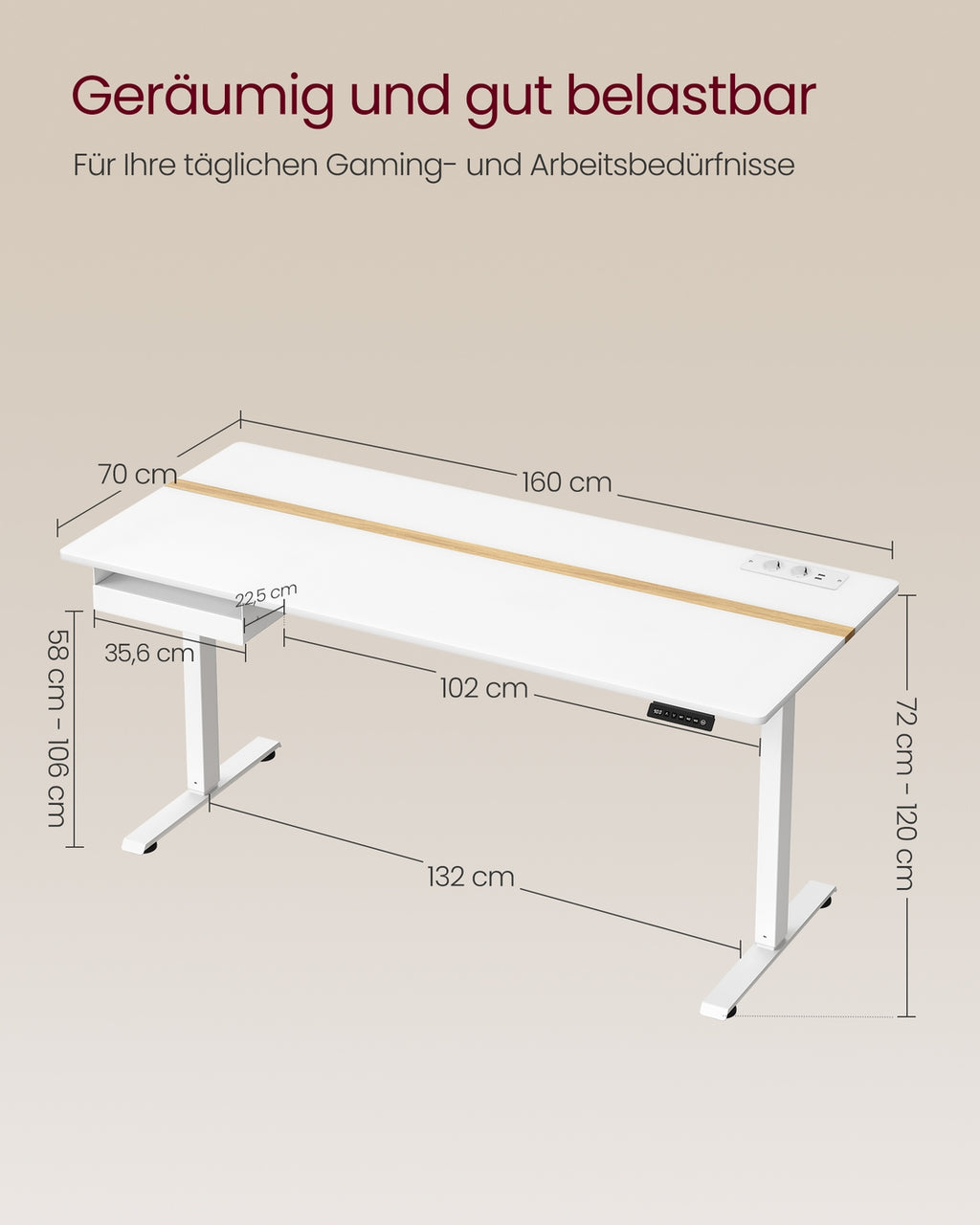 Schreibtisch mit Steckdosen und Schublade 70 x 160 cm wolkenweiß-goldeichenfarben