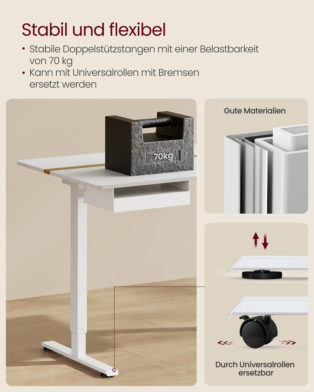 Schreibtisch mit Steckdosen und Schublade 70 x 160 cm wolkenweiß-goldeichenfarben
