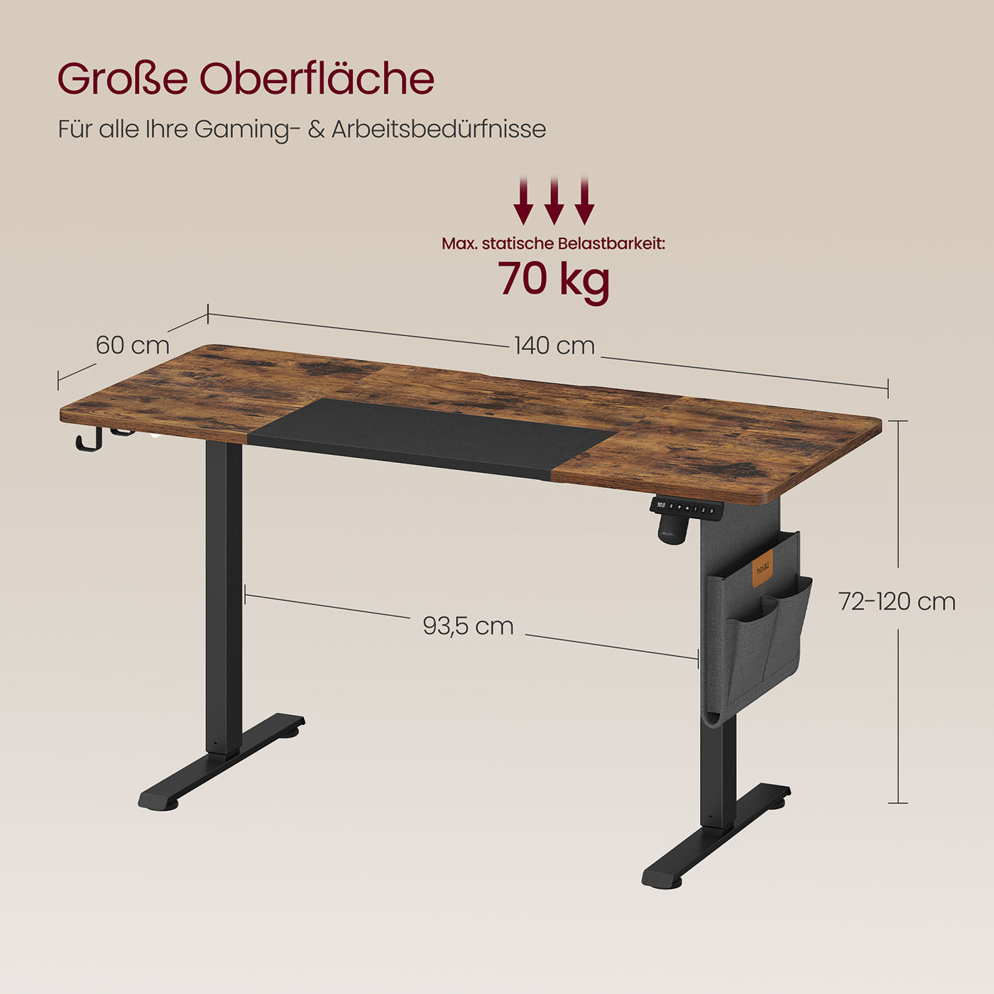 Höhenverstellbarer Schreibtisch elektrisch 60 x 140 x (72-120) cm