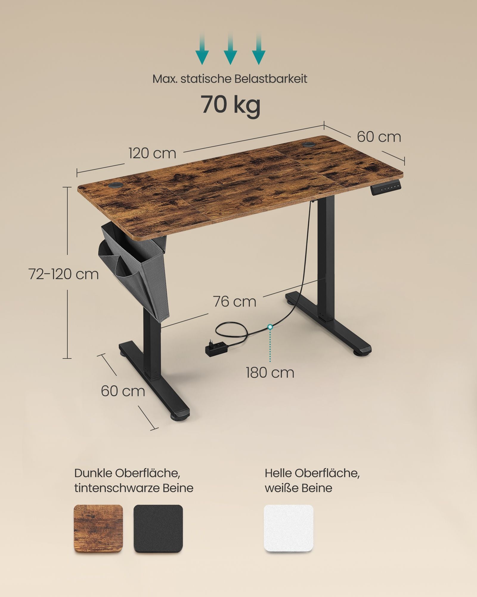 Höhenverstellbarer Schreibtisch elektrisch 60 x 120 x (72-120) cm