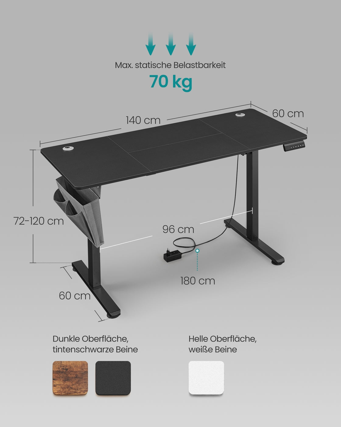 Höhenverstellbarer Schreibtisch elektrisch 60 x 140 x (72-120) cm