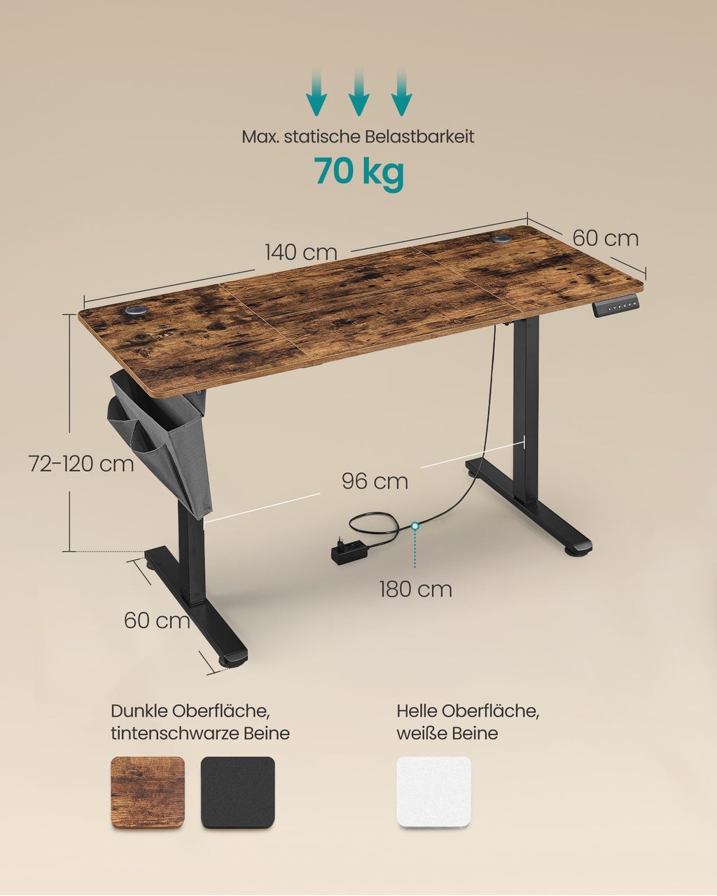 Höhenverstellbarer Schreibtisch elektrisch 60 x 140 x (72-120) cm