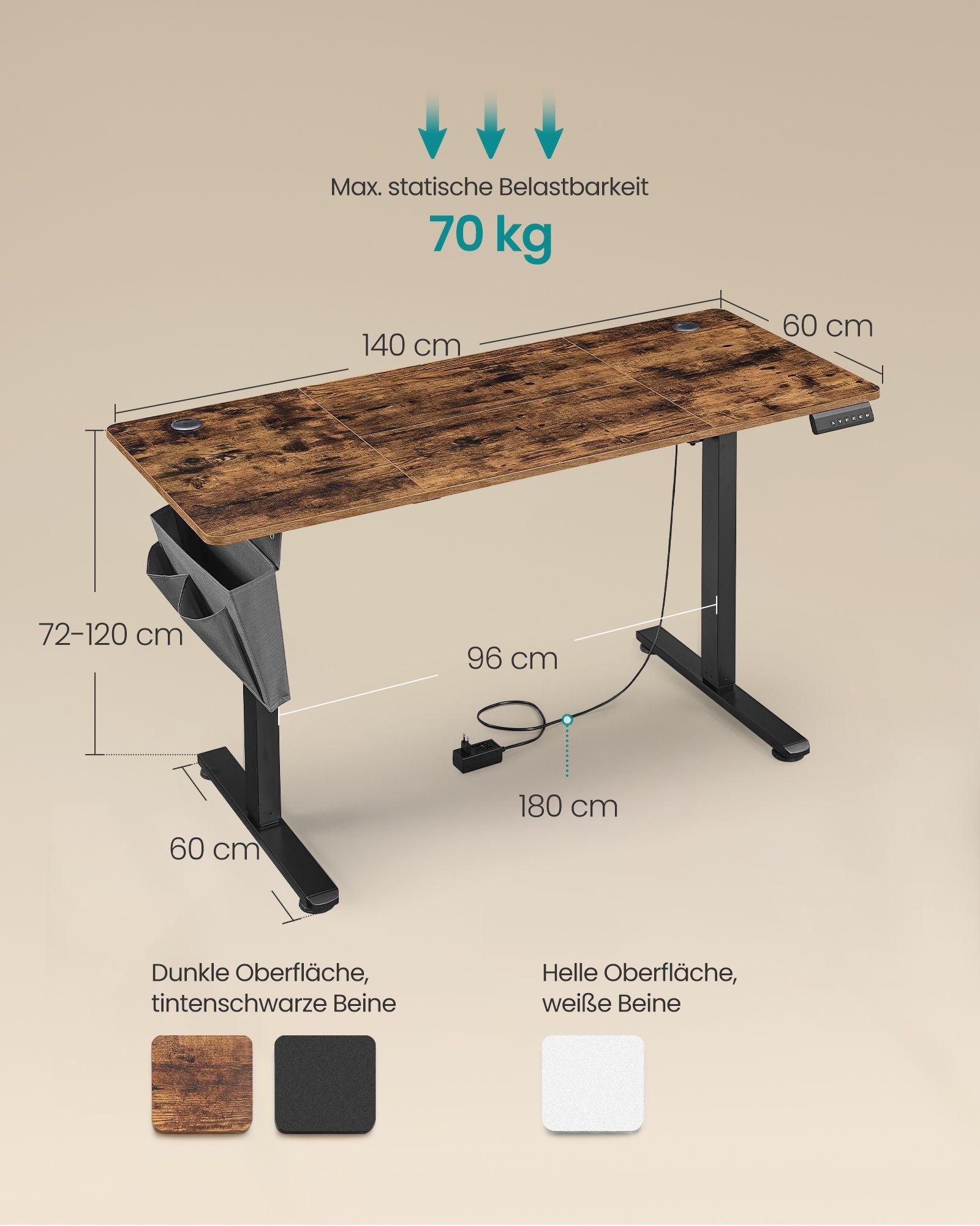 Höhenverstellbarer Schreibtisch elektrisch 60 x 140 x (72-120) cm