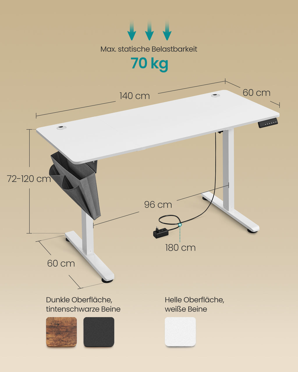 Höhenverstellbarer Schreibtisch elektrisch 60 x 140 x (72-120) cm