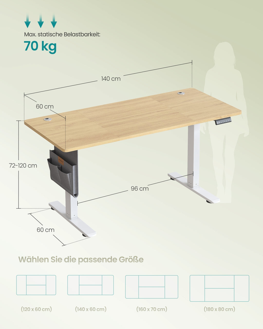 Höhenverstellbarer Schreibtisch elektrisch 60 x 140 x (72-120) cm